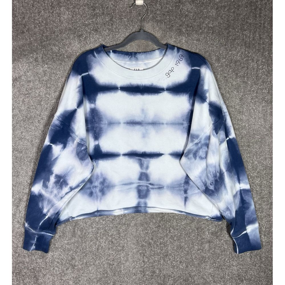 Gap 1969 SPELLOUT 50th Drop Shoulder Tie Dye Crop Sweatshirt Top Womens‎ LG Blue